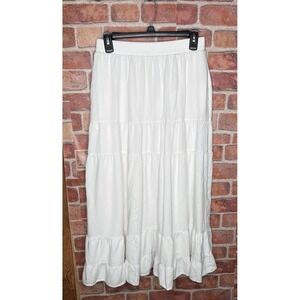 White Tiered Maxi Skirt Boho Cottagecore Elastic Waist Ruffle Long Skirt Medium